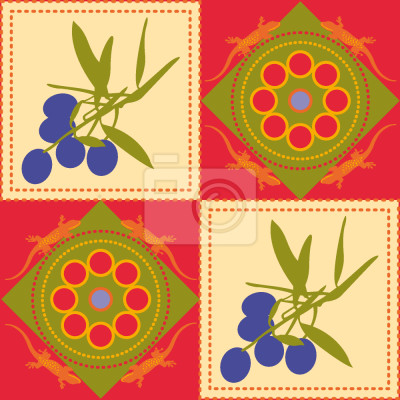 Tapete Marineblaue Oliven und kleine Tiere