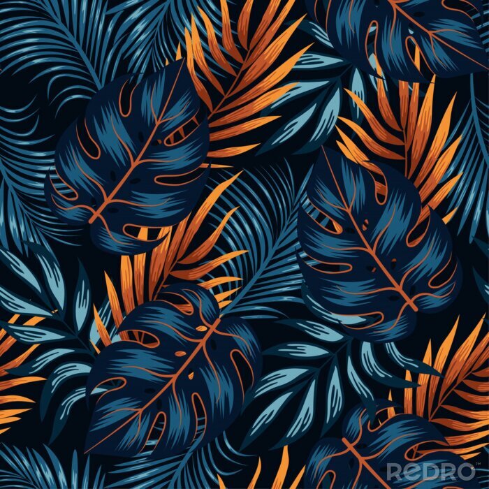 Tapete Marineblaue und orangefarbene tropische Pflanzen