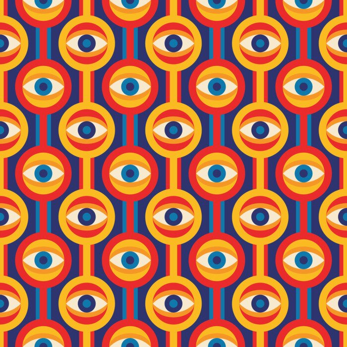 Tapete Mid-century modern art vector background with eye symbol. Abstract geometric seamless pattern. Decorative ornament in retro vintage design style. Atomic stylized backdrop. 