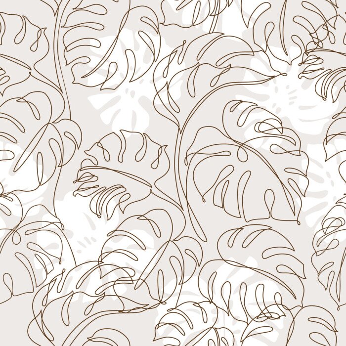 Tapete Minimal tropical art. Tropical monstera leaves silhouette and line art on pastel beige background
