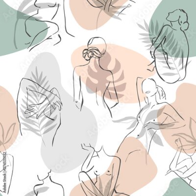 Minimalistische Frauensilhouetten vor einem Hintergrund aus tropischen Blättern