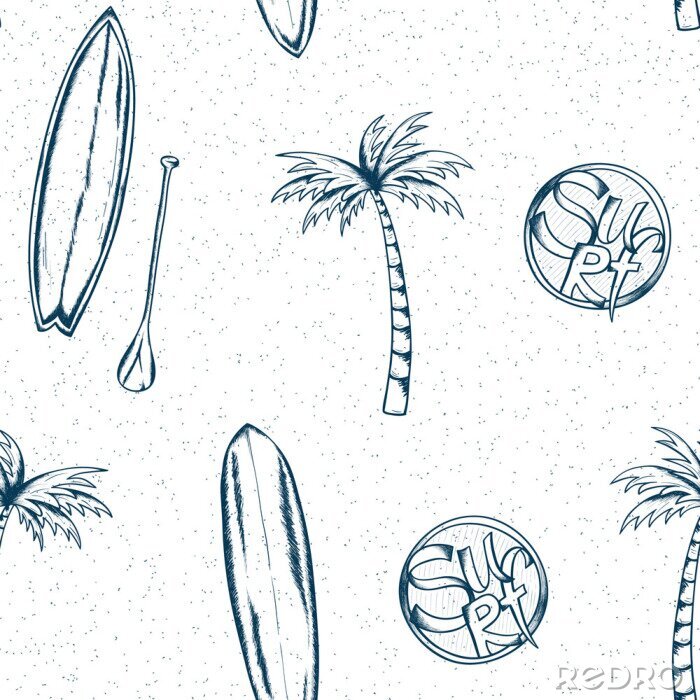 Tapete Minimalistisches Muster aus Surfbrettern und Palmen