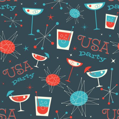 Tapete Mittleres Jahrhundert USA patriotisches Muster. Retro Jahrgang fünfziger Jahre Stil Vektor pattern.Fifties Stil nahtlose Muster, das Cocktails, Getränke und Getränke auf sie und liest USA-Party.
