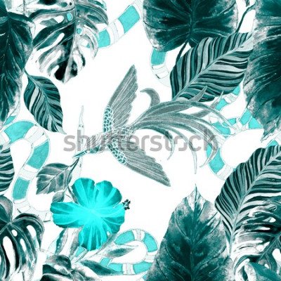 Tapete Modedruck. Nahtloses Muster des Aquarells mit tropischen Blättern, Vogel, Schlange. Exotischer Hintergrund.