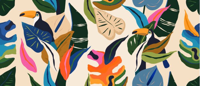 Tapete Modern exotic jungle pattern with toucan bird. Collage contemporary seamless pattern. Hand drawn cartoon style pattern.