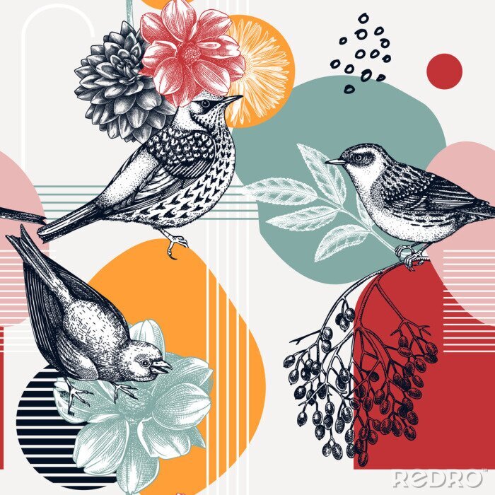 Tapete Moderne Collage mit Vögeln