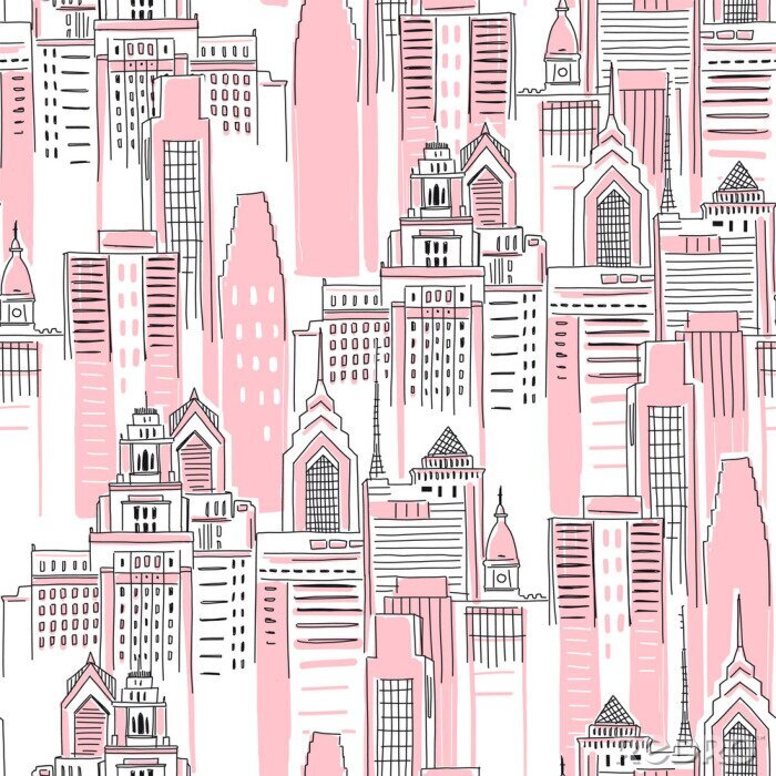Tapete Moderne New Yorker Stadtlandschaft in der rosa Farbe. Nahtloses Muster des mädchenhaften Superheldenmotivs. Vektor-Doodle-Grafiken. Vervollkommnen Sie für kleines Mädchenentwurf wie T-Shirt Textil Sto