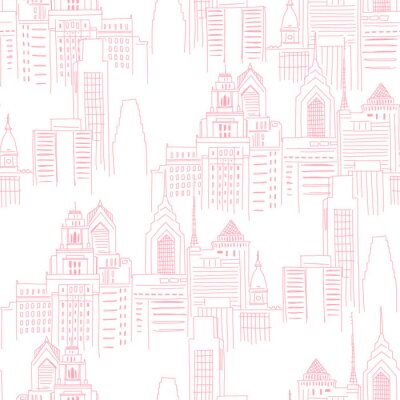 Tapete Moderne New Yorker Stadtlandschaft in der rosa Farbe. Neutrales nahtloses Muster des mädchenhaften Superheldenmotivs. Vektor-Doodle-Grafiken. Vervollkommnen Sie für kleines Mädchenentwurf wie T-Shirt 