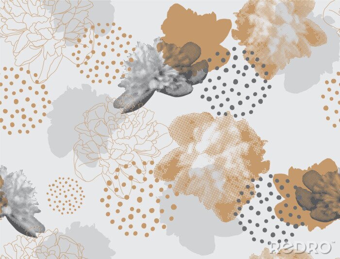 Tapete Modernes Blumenmuster im Halbtonstil.  Nahtlose Vektorverzierung mit Blumen und geometrischen Formen.  Pfingstrosen auf grauem Hintergrund