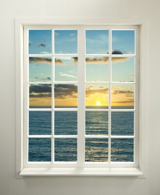Modernes fenster mit sonnenuntergang