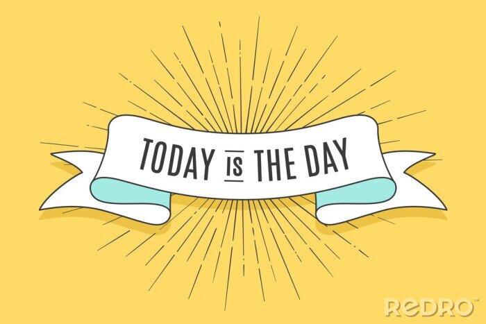 Tapete Modisches Band der Weinlese mit Text heute ist der Tag und lineare Zeichnung von Sonnenstrahlen. Bunte alte Fahne mit Band, von Hand gezeichnetes Element für Design - Fahnen, Poster, Gutscheine. Vekto