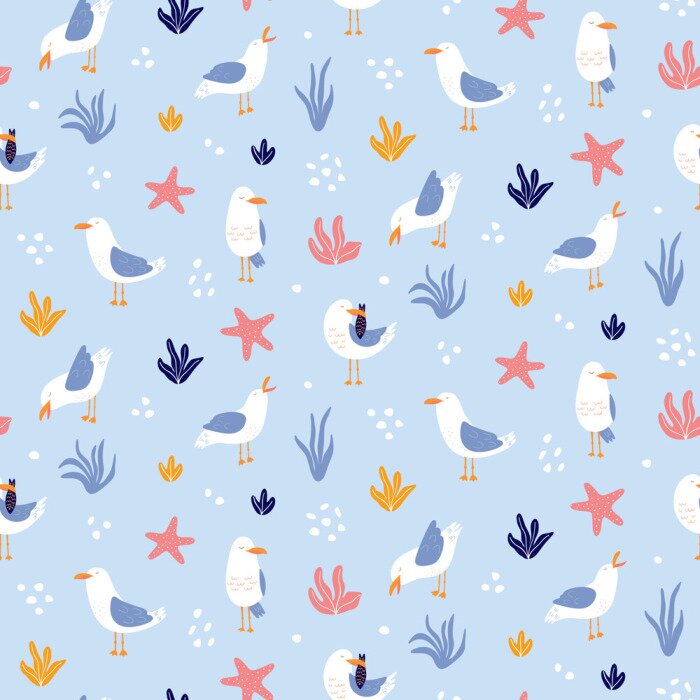 Tapete Möwen und Pflanzen auf blauem Hintergrund