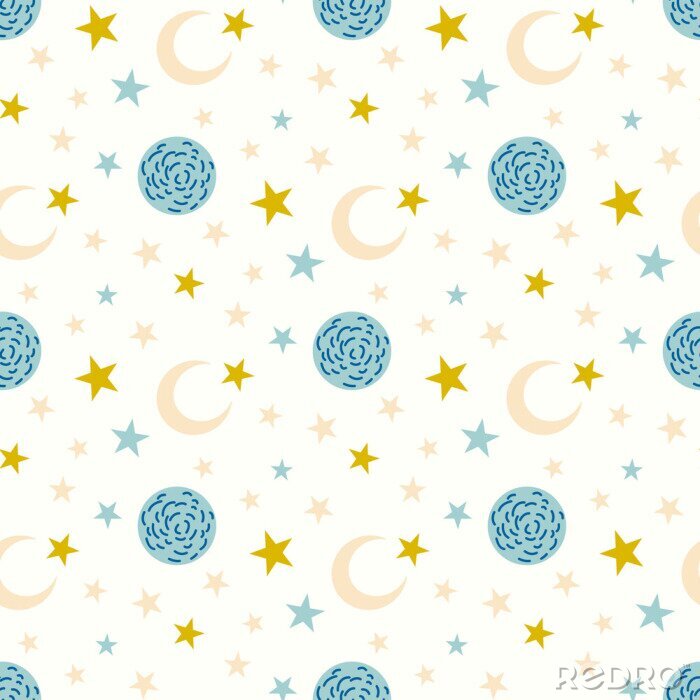 Tapete Mond und Sterne auf weißem Hintergrund