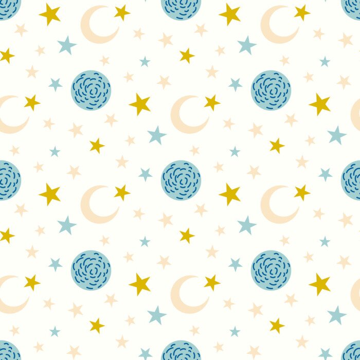 Tapete Mond und Sterne auf weißem Hintergrund