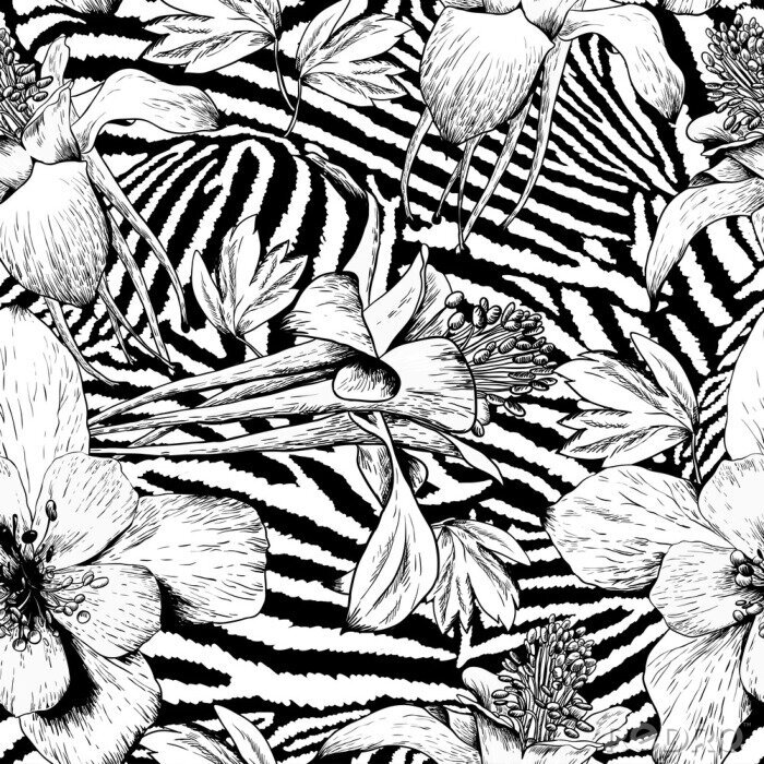 Tapete Monochrome Blumen vor dem Hintergrund von Zebrastreifenmuster