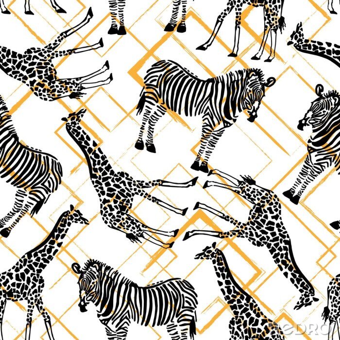 Tapete Monochrome Zebras und Giraffen auf buntem Hintergrund