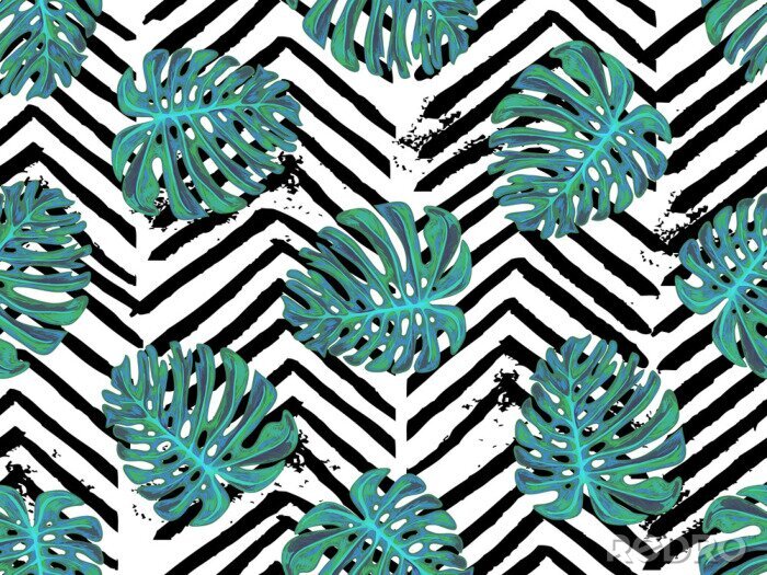 Tapete Monstera auf schwarzen Streifen