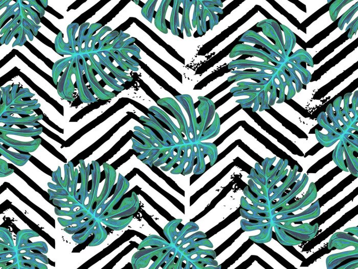 Tapete Monstera auf schwarzen Streifen