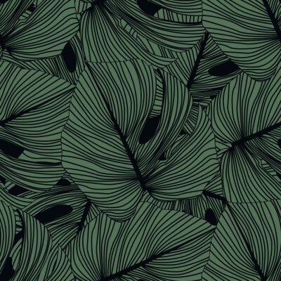 Tapete Monstera hinterlässt ein nahtloses Muster auf schwarzem Hintergrund. Tropisches Muster, botanischer Blatthintergrund