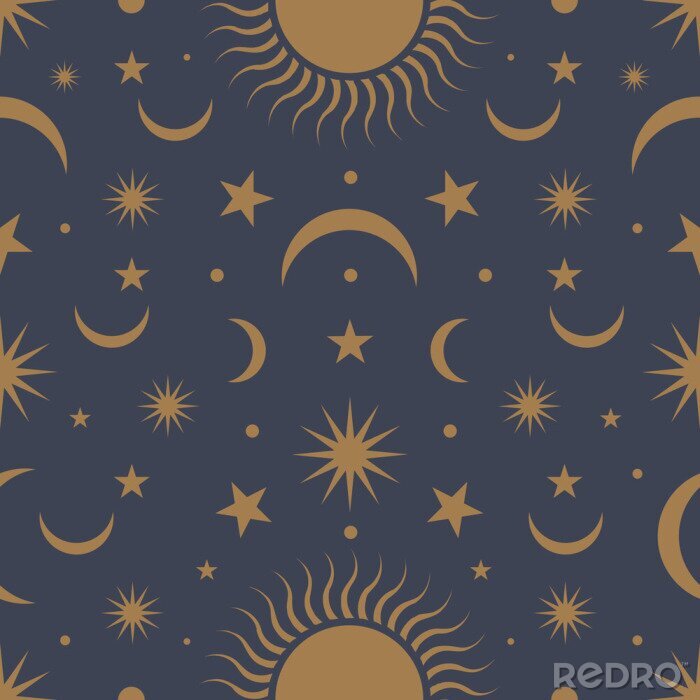 Tapete Moon, sun and stars, seamless ornamental pattern