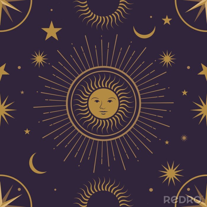 Tapete Moon, sun and stars, seamless ornamental pattern