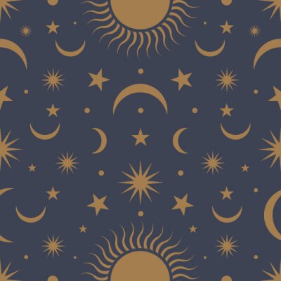 Tapete Moon, sun and stars, seamless ornamental pattern