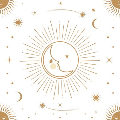 Tapete Moon, sun and stars, seamless ornamental pattern