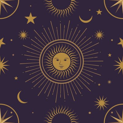 Tapete Moon, sun and stars, seamless ornamental pattern