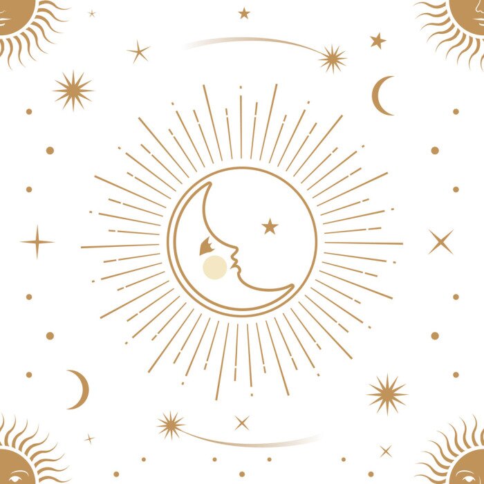 Tapete Moon, sun and stars, seamless ornamental pattern