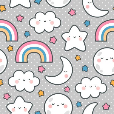Tapete Moons Clouds Rainbows and Stars Cute Seamless Pattern, Cartoon Vector Illustration, Nursery Background for Kid