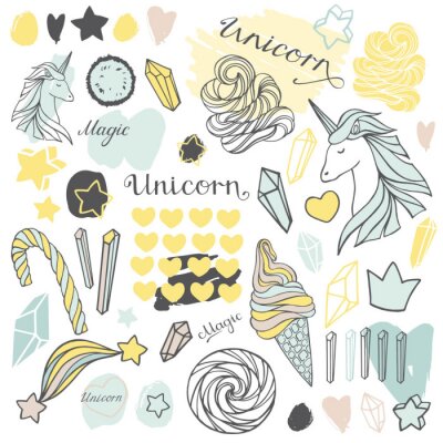 Motiv mit Einhörnern, kleinen Sternen und Süßigkeiten