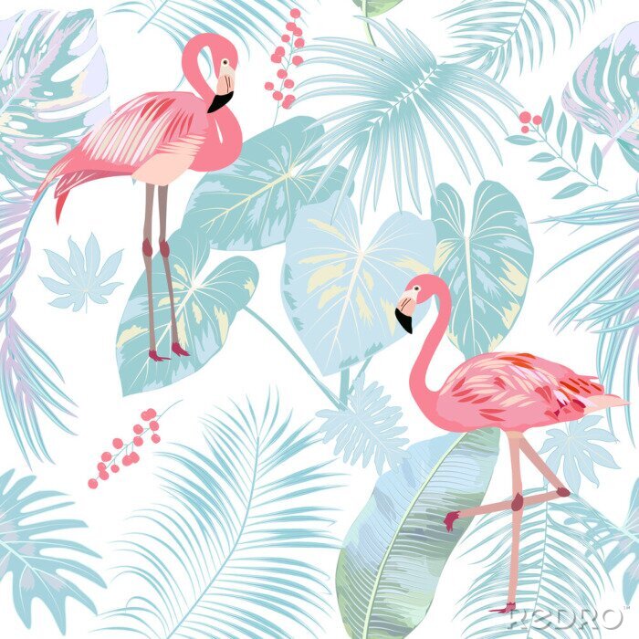 Tapete Motiv mit hellrosa Flamingos auf hellblauem Hintergrund