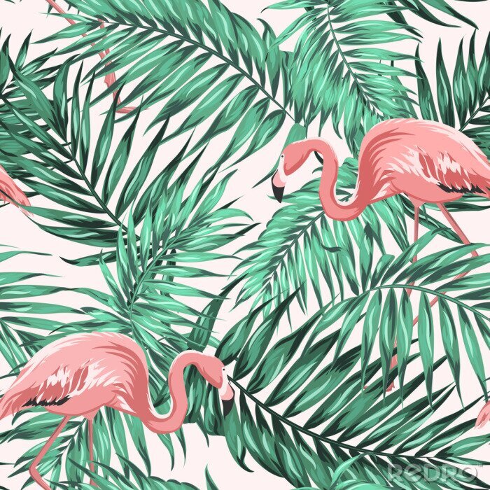 Tapete Motiv mit inmitten von Blättern versteckten Flamingos