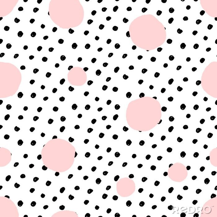 Tapete Motiv mit kleinen schwarzen und großen rosa Punkten