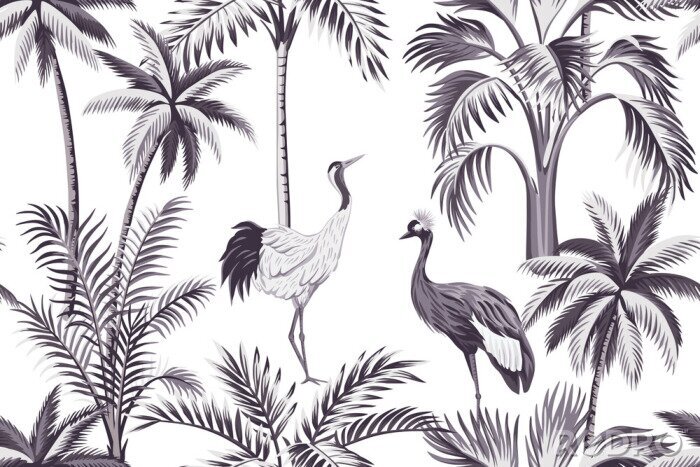 Tapete Motiv mit Palmen und Vögeln Vintage