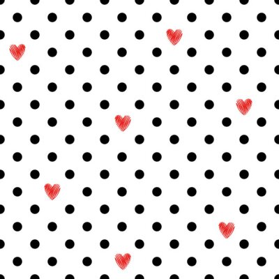 Tapete Motiv mit schwarz-weißen Punkten und roten Herzen