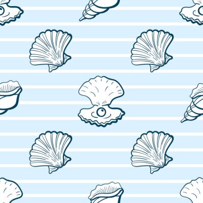 Tapete Muscheln geschlossen und mit einer Perle auf gestreiftem Hintergrund