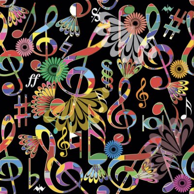 Tapete Music notes colorful vector seamless pattern. Musical symbols and signs background. Modern repeat treble clefs and notes backdrop. Floral design. Abstract trendy ornament with flowers. Ornate texture