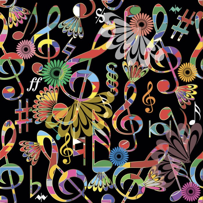 Tapete Music notes colorful vector seamless pattern. Musical symbols and signs background. Modern repeat treble clefs and notes backdrop. Floral design. Abstract trendy ornament with flowers. Ornate texture