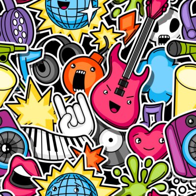 Tapete Musik-Partei kawaii nahtlose Muster. Musikinstrumente, Symbole und Objekte im Cartoon-Stil