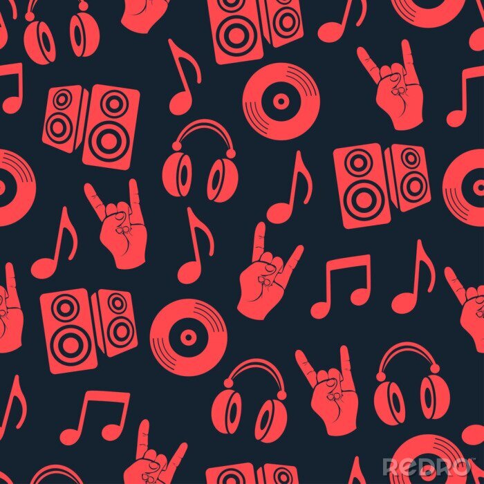 Tapete Musikalischer vektorhintergrund, Musikzusätze nahtloses Muster. Silhouette Zeichnung Kopfhörer, CD-CD, Platte, Lautsprecher, Notizen und Finger Geste Ziege in den roten Farben auf einem dunkelblauen