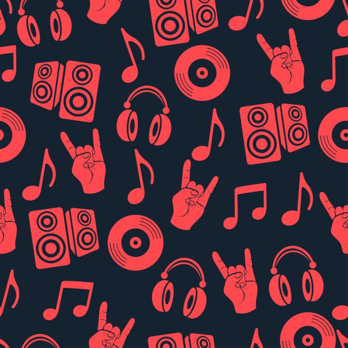 Tapete Musikalischer vektorhintergrund, Musikzusätze nahtloses Muster. Silhouette Zeichnung Kopfhörer, CD-CD, Platte, Lautsprecher, Notizen und Finger Geste Ziege in den roten Farben auf einem dunkelblauen