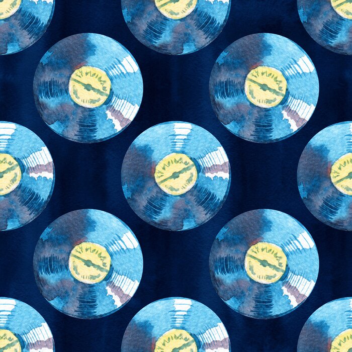 Tapete Musikgeräte der 60er, 70er, 80er, 90er Jahre. Aquarell-Schallplatten Nahtloses Muster