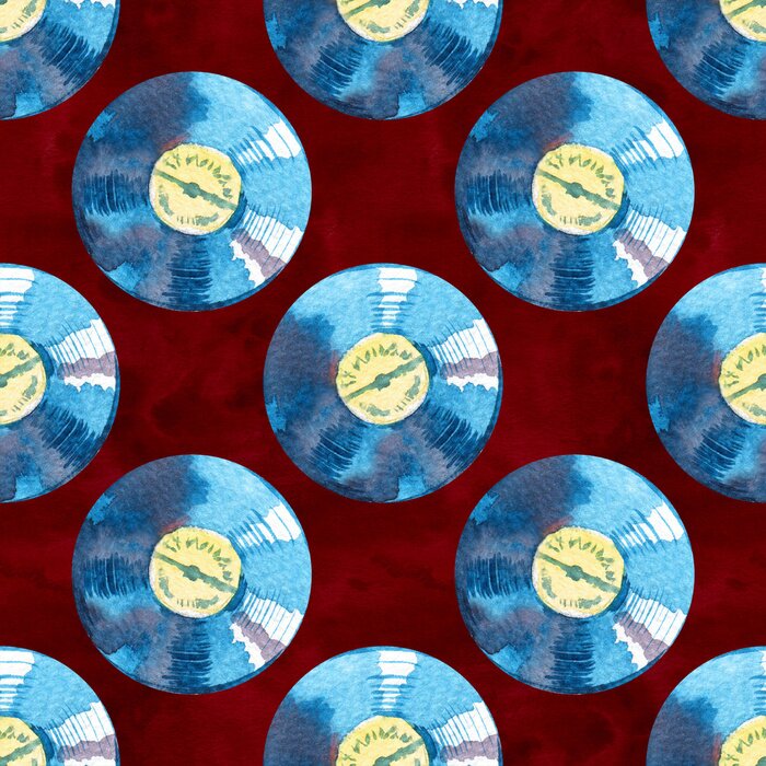 Tapete Musikgeräte der 60er, 70er, 80er, 90er Jahre. Aquarell-Schallplatten Nahtloses Muster