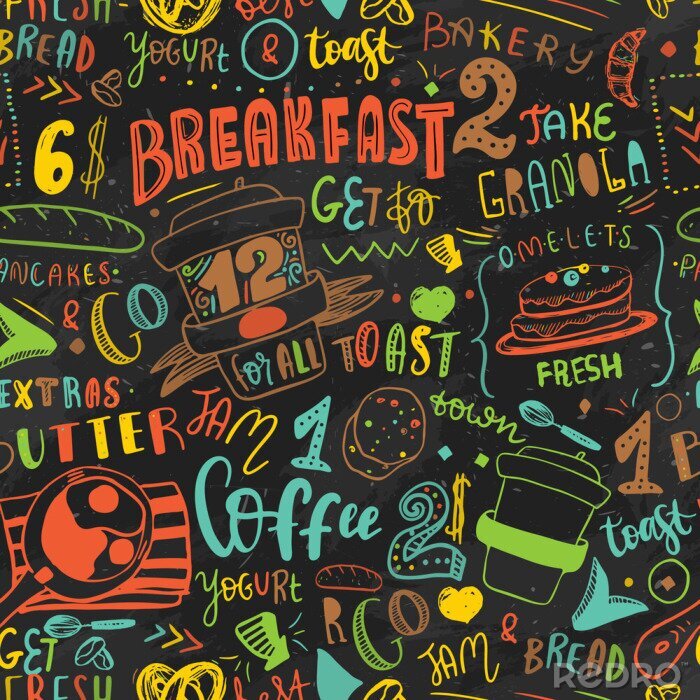 Tapete Muster-Designschablone des bunten Frühstücks nahtlose. Moderne Beschriftung mit Skizzenikonen des Lebensmittels auf Tafelhintergrund. Restaurant, Café Identität Vorlage.