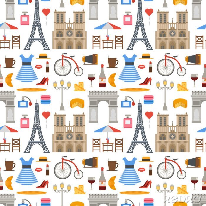 Tapete Muster-Hintergrundillustration Paris-Vektors berühmte Reiseküche traditionelle moderne Frankreich-Kultur Eiffel-Modedesignarchitektur nahtlose.