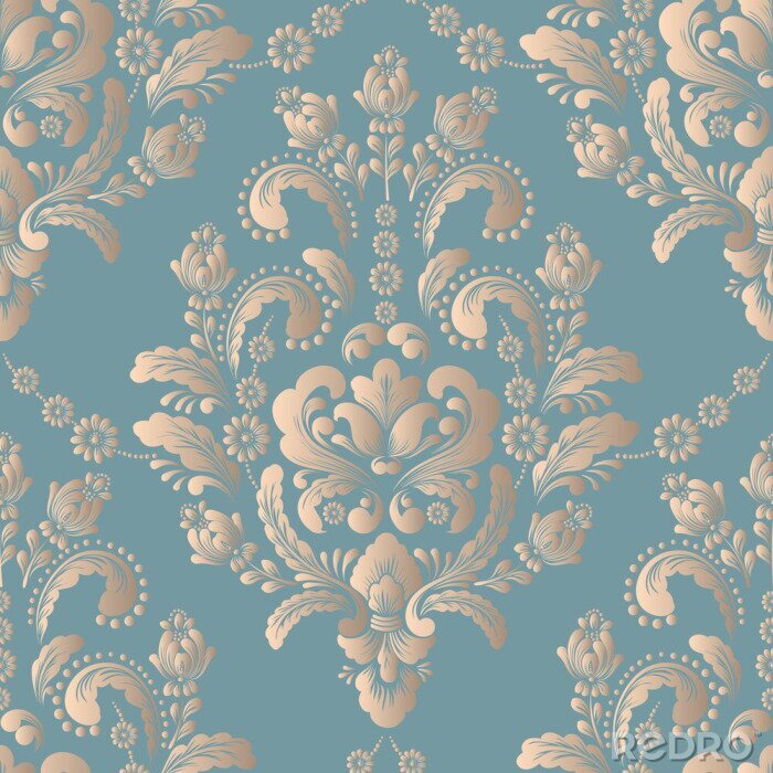 Tapete Muster mit beigefarbenem Ornament auf türkisfarbenem Hintergrund