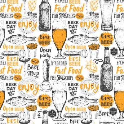 Tapete Muster mit Bier, Apfelwein und Snack in Skizze-Stil.