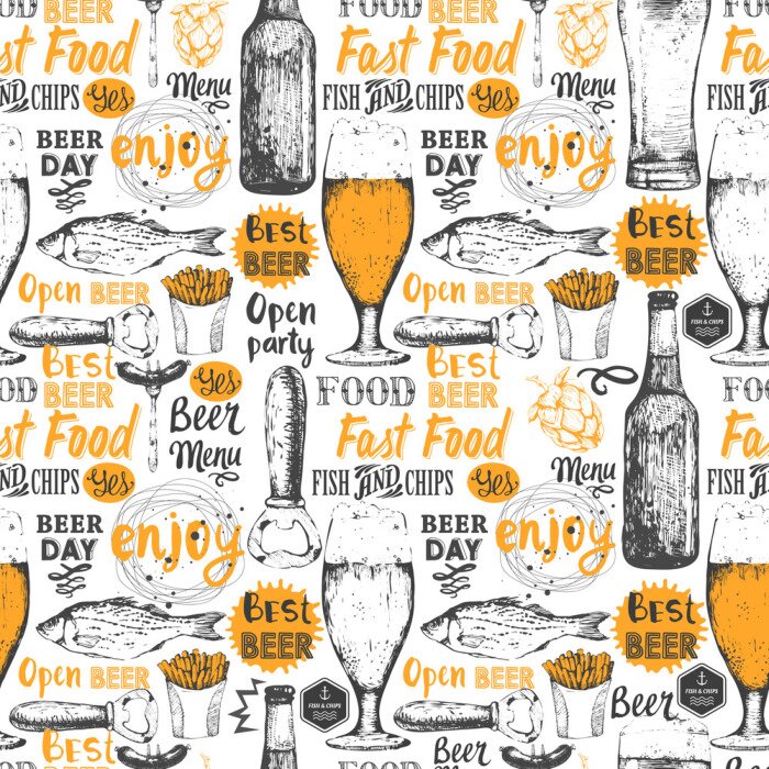 Tapete Muster mit Bier, Apfelwein und Snack in Skizze-Stil.