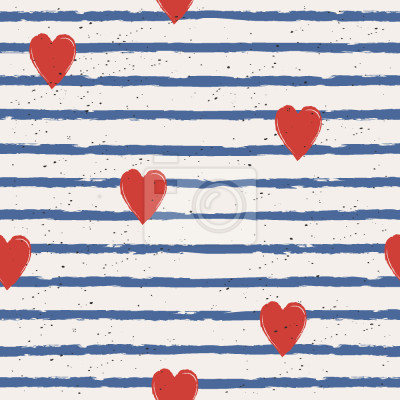 Tapete Muster mit blauen Streifen und roten Herzen